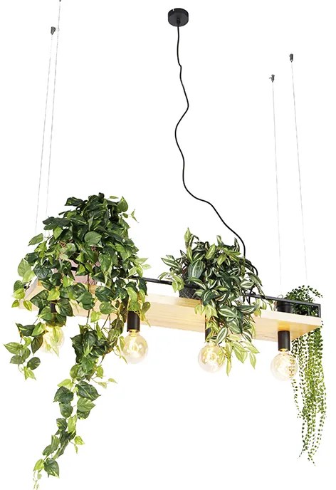 Industriële hanglamp zwart met hout 4-lichts - Shelf