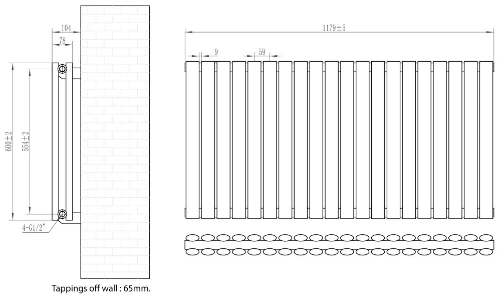 Eastbrook Tunstall dubbele radiator 120x60cm 1836W antraciet