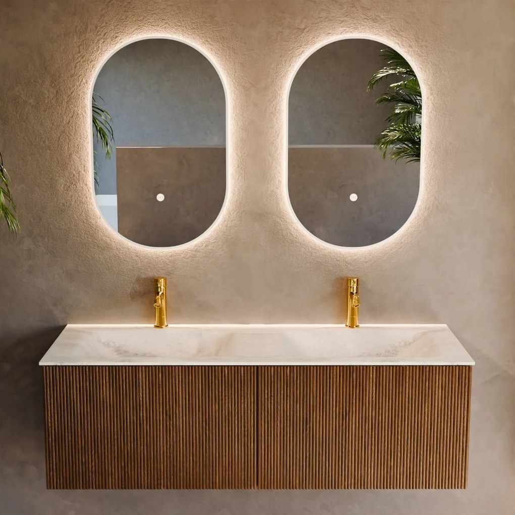 Mondiaz Kurve-dlux 130cm badmeubel dusk met 2 lades en wastafel leaf dubbel 2 kraangaten opalo