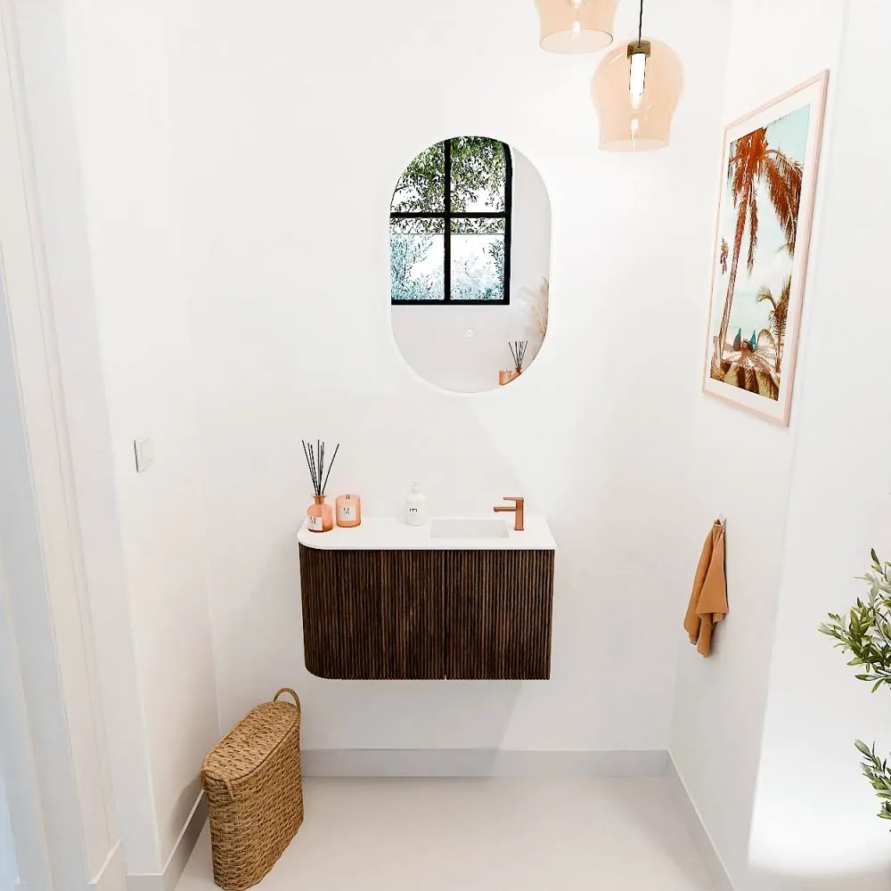 Mondiaz Joya 70cm toiletmeubel ronding links walnut met wastafel faye rechts 1 kraangat talc
