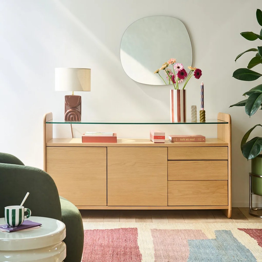 Eiken fineer dressoir, blad van gehard glas, 2 deuren en 3 lades, ERICSON