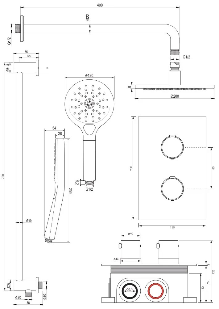 Brauer Brushed Edition complete inbouw regendouche met 3 standen handdouche, gebogen wandarm, glijstang en hoofddouche 20cm set 45 RVS geborsteld PVD