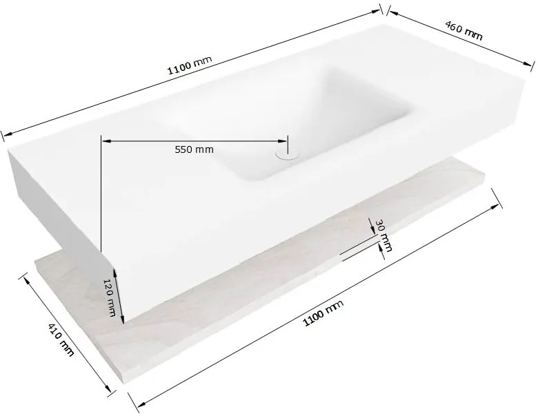 Zaro Alan badmeubel 110cm met planchet washed oak en vrijhangende wastafel cloud midden 1 kraangat urban