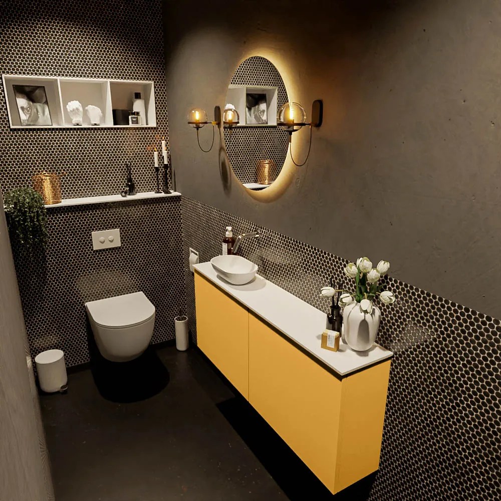 Mondiaz Fowy toiletmeubel 120cm ocher met witte waskom links zonder kraangat