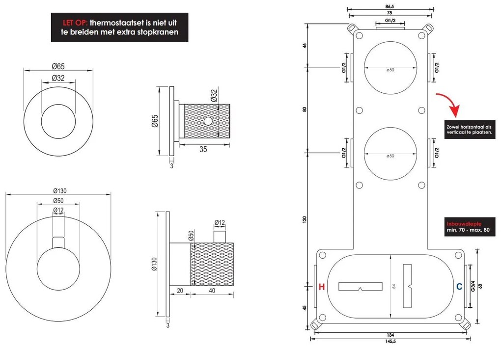 Brauer Black Carving inbouwthermostaat en 2 stopkranen mat zwart