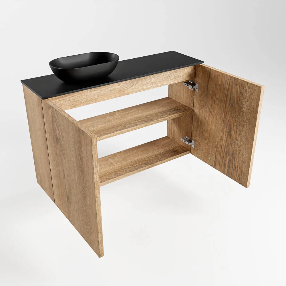 Mondiaz Fowy toiletmeubel 80cm washed oak met zwarte waskom links en kraangat