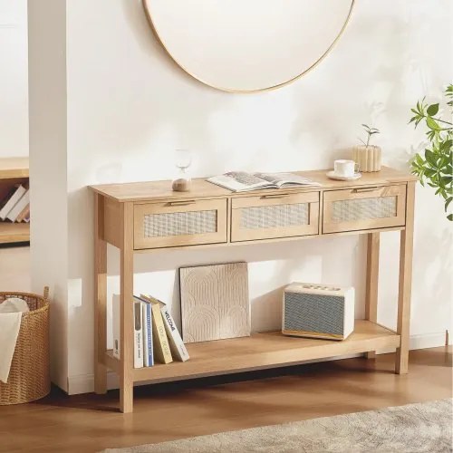 VEVOR rotan consoletafel met 3 lades, rotan haltafel met natuurlijke rotan schuifdeur, consoletafel voor woonkamer, thuiskantoor, hal of tv-wand, natuurlijk