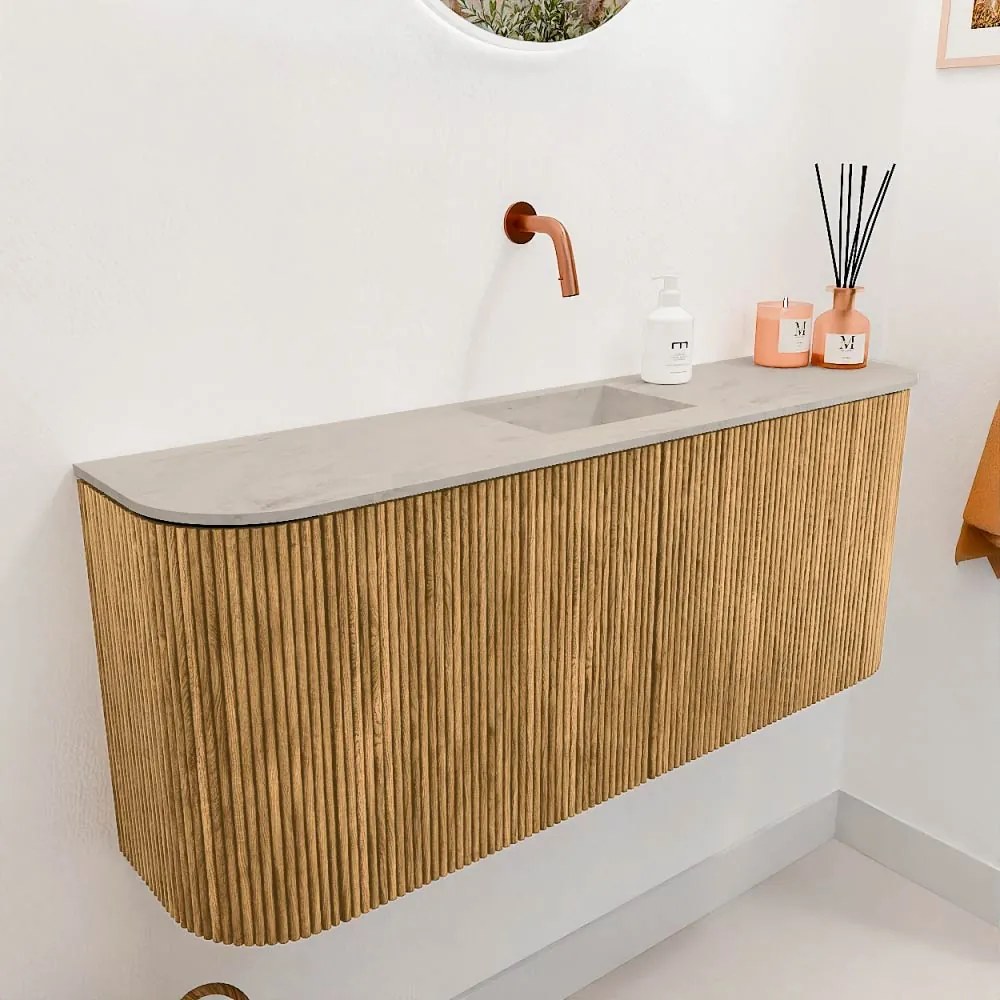 Mondiaz Joya DLux 105cm toiletmeubel ronding links/rechts oak met wastafel faye midden zonder kraangat opalo