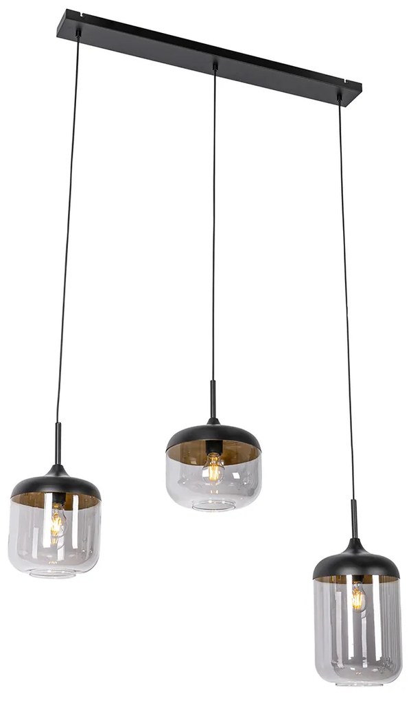 Design hanglamp zwart met goud en smoke glas 3-lichts - Kyan