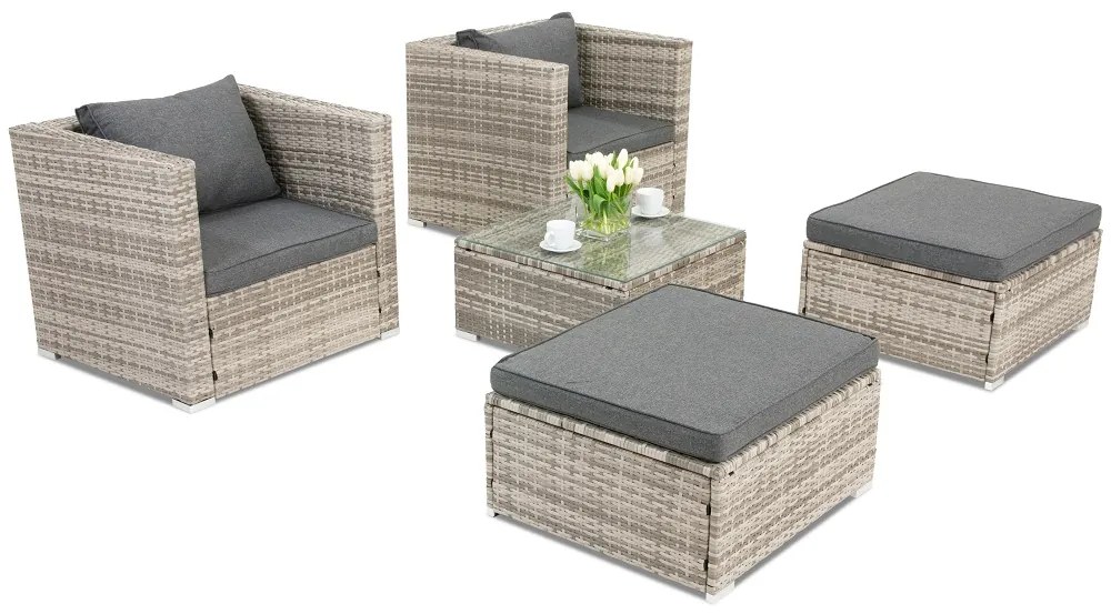 Roma Terrace technorattan tuinmeubelen + 2 Garden Point poefs grijs