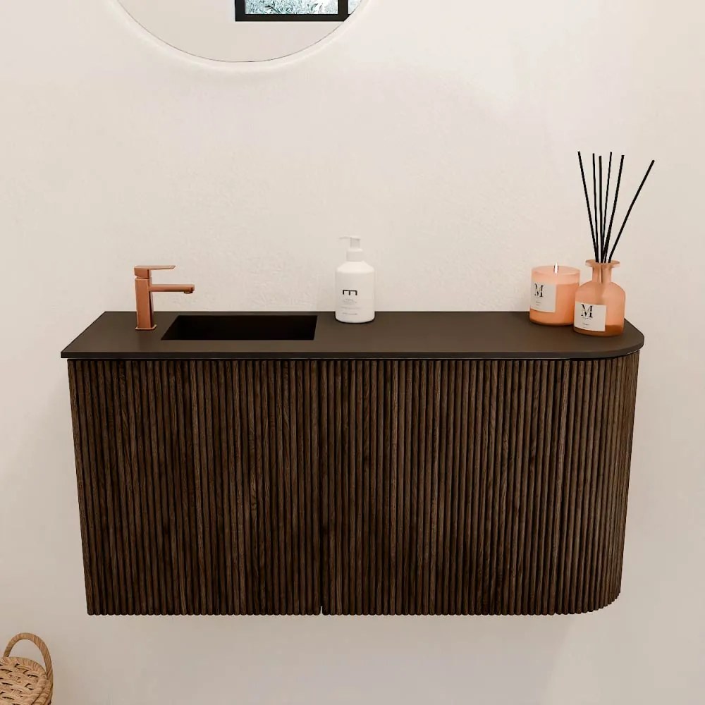 Mondiaz Joya 80cm toiletmeubel ronding rechts walnut met wastafel faye links 1 kraangat urban