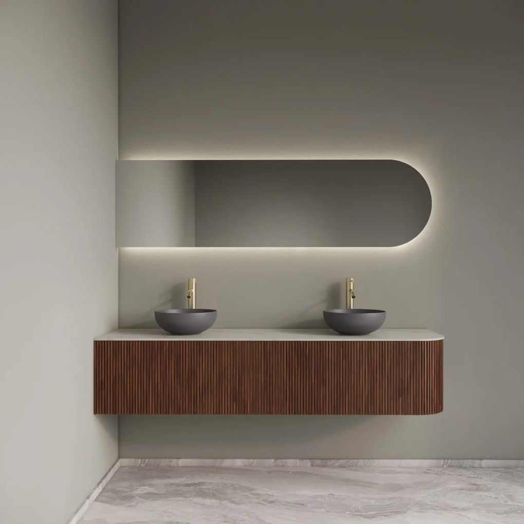 Gliss Design Alluro badmeubel ribbelfront met ronding rechts 180cm walnut en wit marmer toppaneel