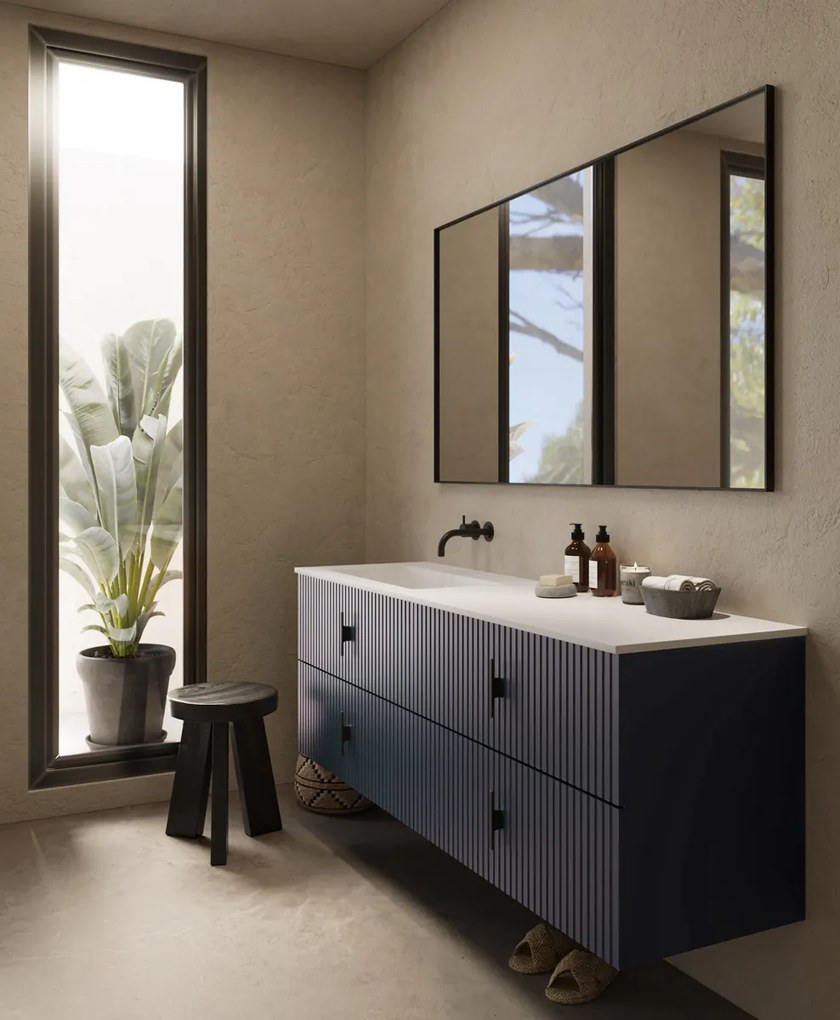 Muebles Avila badmeubel ribbelfront 160cm marine blauw met wastafel links zonder kraangat