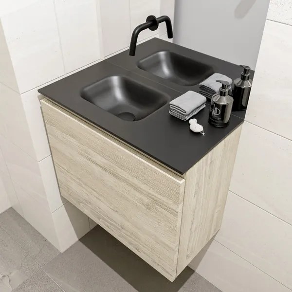 MONDIAZ OLAN Toiletmeubel 60x30x40cm met 0 kraangaten 1 lades light brown grey mat Wastafel Lex links Solid Surface Zwart FK75343080