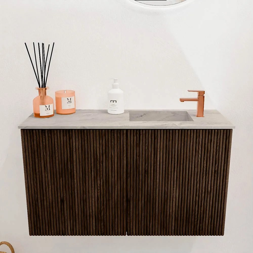 Mondiaz Joya DLux 70cm toiletmeubel walnut met wastafel faye rechts 1 kraangat glace