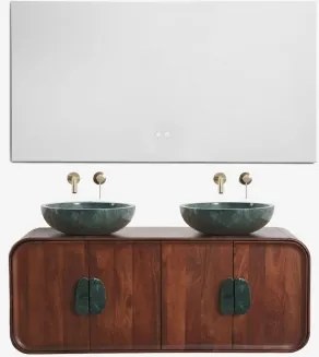 Dubbel Zwevend Badkamermeubelset 130x45 Cm Van Mangohout En Natuurlijke Kivalina-steen Groen Marmer Uit Udaipur - Donker Mangohout & 2 X Onde Groene -