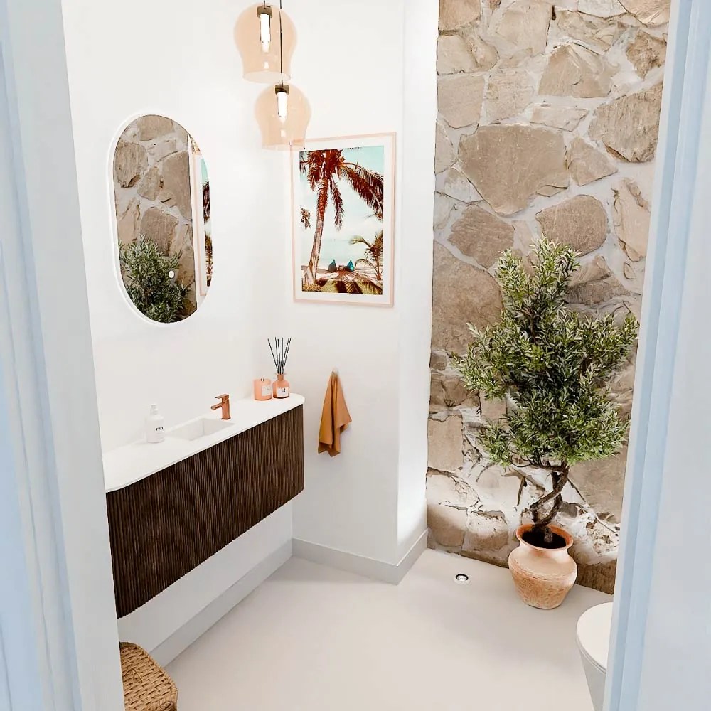 Mondiaz Joya 115cm toiletmeubel ronding links/rechts walnut met wastafel faye midden 1 kraangat talc