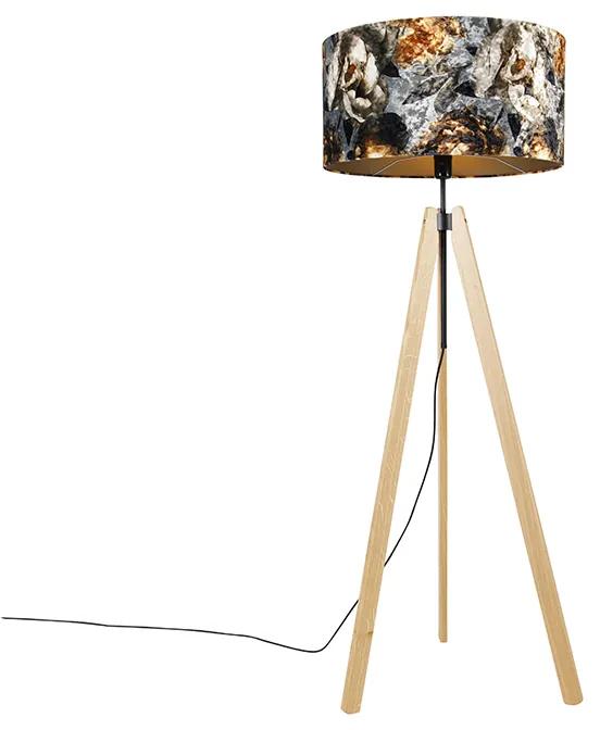QAZQA Vloerlamp hout met stoffen kap bloemen 50 cm - Telu Landelijk E27 rond Binnenverlichting Lamp