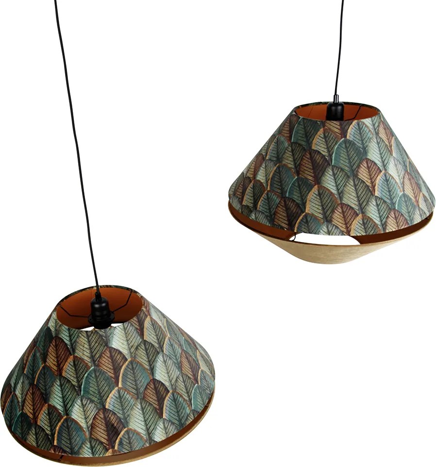 Hanglamp zwart met dubbele velours lampenkap blad dessin en beige 2-lichts - Cava Luxe