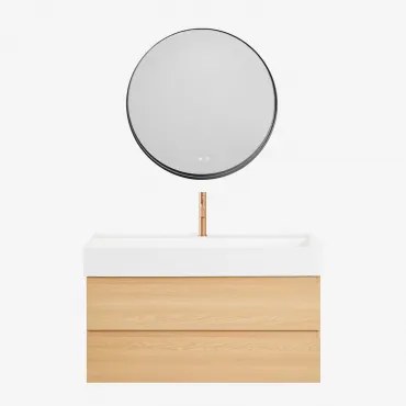 Ona Zwevend Badkamermeubelset Van Hout En Essenfineer Met Geïntegreerde Wastafel Natuurlijk Hout & Round Led And Antifog Zwart Ø80 - Sklum