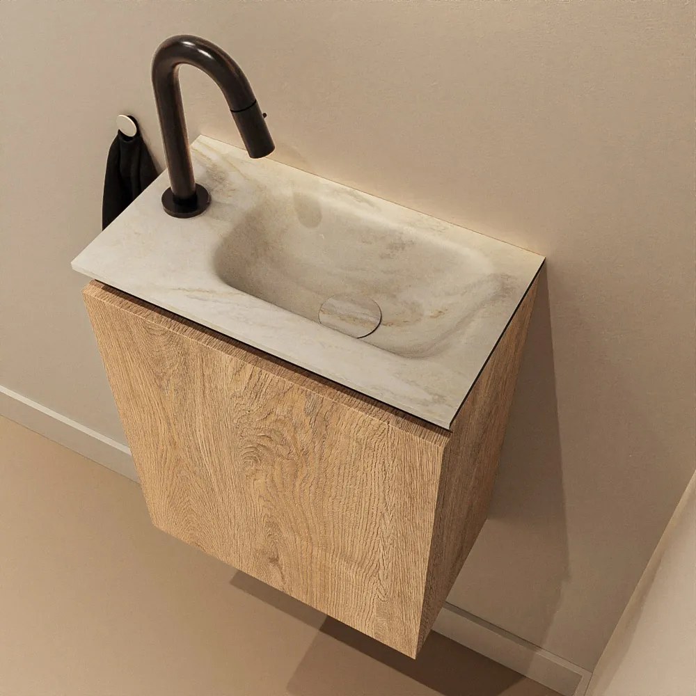 Mondiaz Ture DLux toiletmeubel 40cm washed oak met wastafel ostra rechts met kraangat