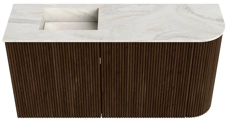 Mondiaz Joya DLux 80cm toiletmeubel ronding rechts walnut met wastafel faye links zonder kraangat ostra