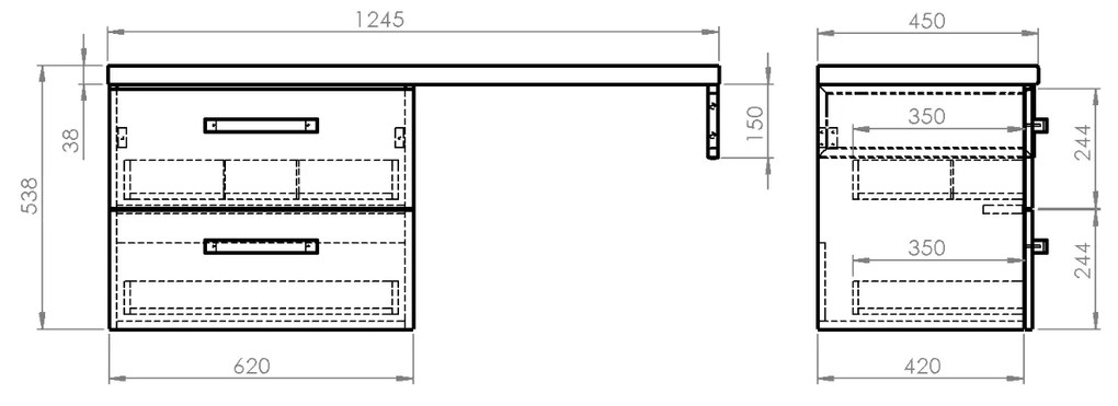 Aqualine Vega 124.5cm badkamermeubel met witte vierkante waskom links wit