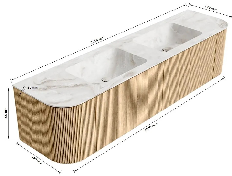 Mondiaz Kurve-dlux 180cm badmeubel ronding links/rechts oak met 2 lades en deuren en wastafel leaf dubbel 2 kraangaten ostra