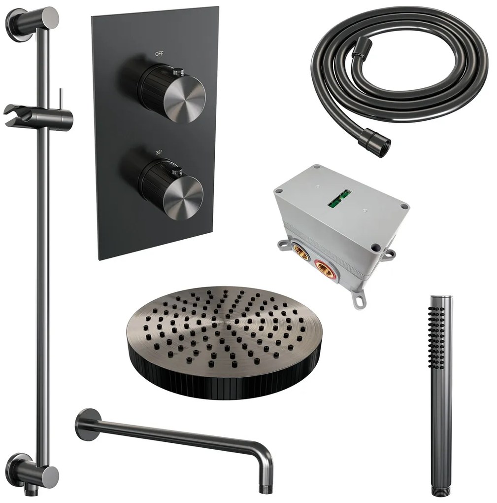 Brauer Stripe inbouw regendouche met 25cm hoofddouche, met gebogen muurarm, glijstang en staafhanddouche set 20 gunmetal geborsteld PVD