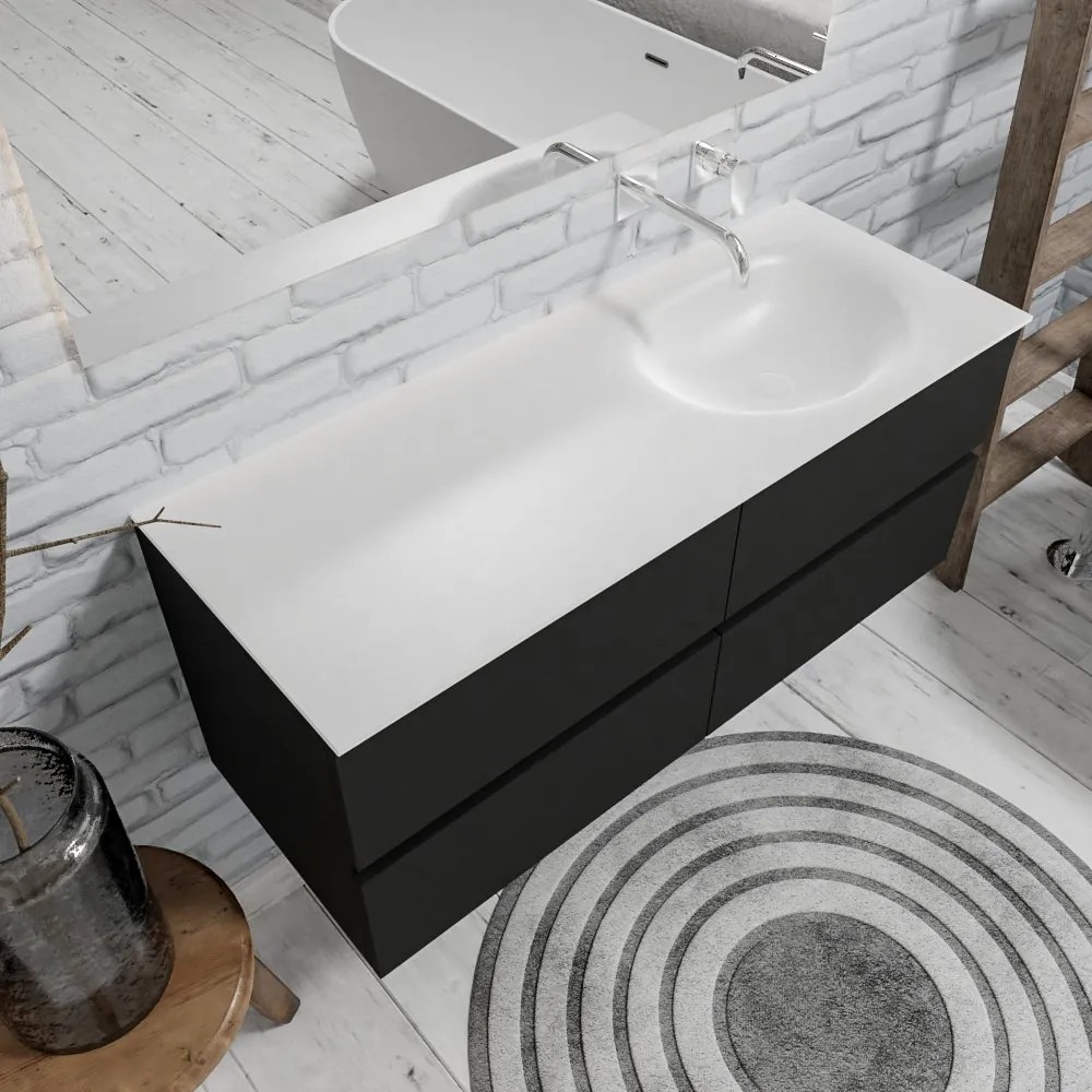 Zaro Sevilla Solid Surface badmeubel 120cm mat zwart geen kraangat met 4 lades spoelbak rechts