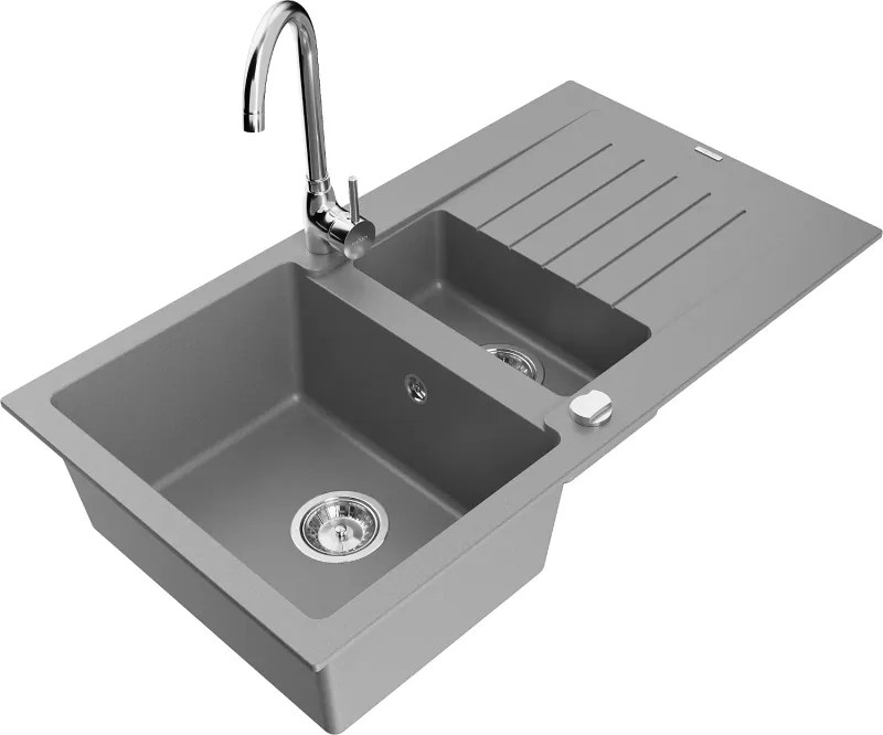 Mexen Matias granieten spoelbak 1,5-kompartiment met afdruiprek en Telma keukenkraan, grijs - 6502-71-670200-00