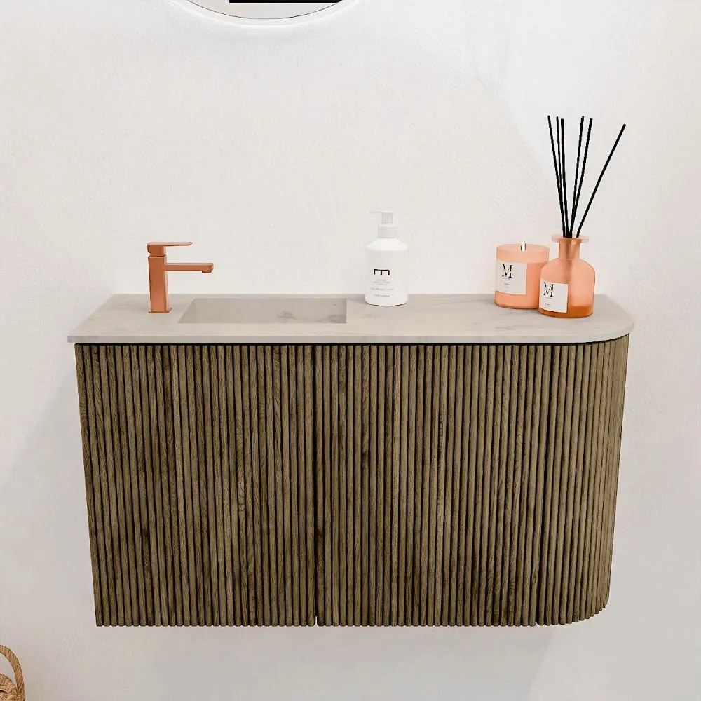 Mondiaz Joya DLux 70cm toiletmeubel ronding rechts dusk met wastafel faye links 1 kraangat opalo