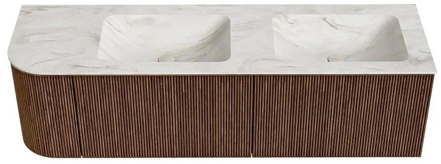 Mondiaz Kurve-dlux 155cm badmeubel ronding links walnut met 2 lades en 1 deur en wastafel leaf dubbel/rechts 2 kraangaten ostra