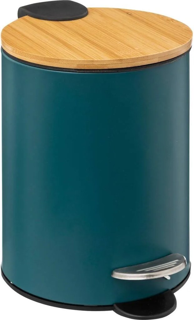 5Five pedaalemmer'Soft'petroleum blauw metaal 3L - 24 cm - Voor badkamer en toilet - Prullenbak met bamboe deksel