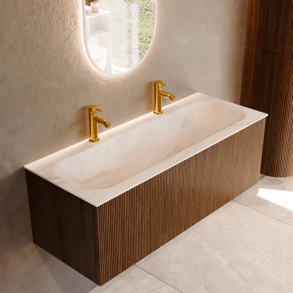 Mondiaz Kurve-dlux 120cm badmeubel dusk met 1 lade en wastafel big large midden 2 kraangaten ostra