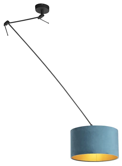 Hanglamp zwart met velours kap blauw met goud 35 cm - Blitz