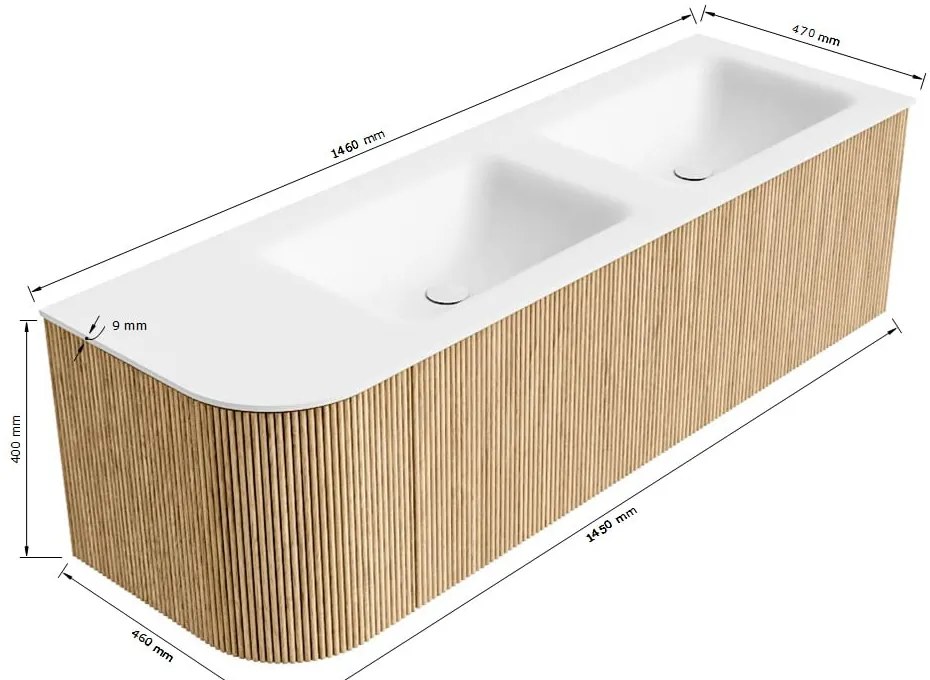 Mondiaz Kurve 145cm badmeubel ronding links walnut met 1 lade en deur en wastafel cloud dubbel/rechts 2 kraangaten urban
