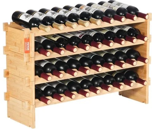 VEVOR Stapelbaar Wijnrek 36 Flessen, Stevig Flessenrek, 4-laags Opbergrek Gemaakt van Massief Bamboehout, Vrijstaand Wijnrek, Wiebelvrije Planken voor Keuken, Bar en Kelder (Natuurlijke Kleur)