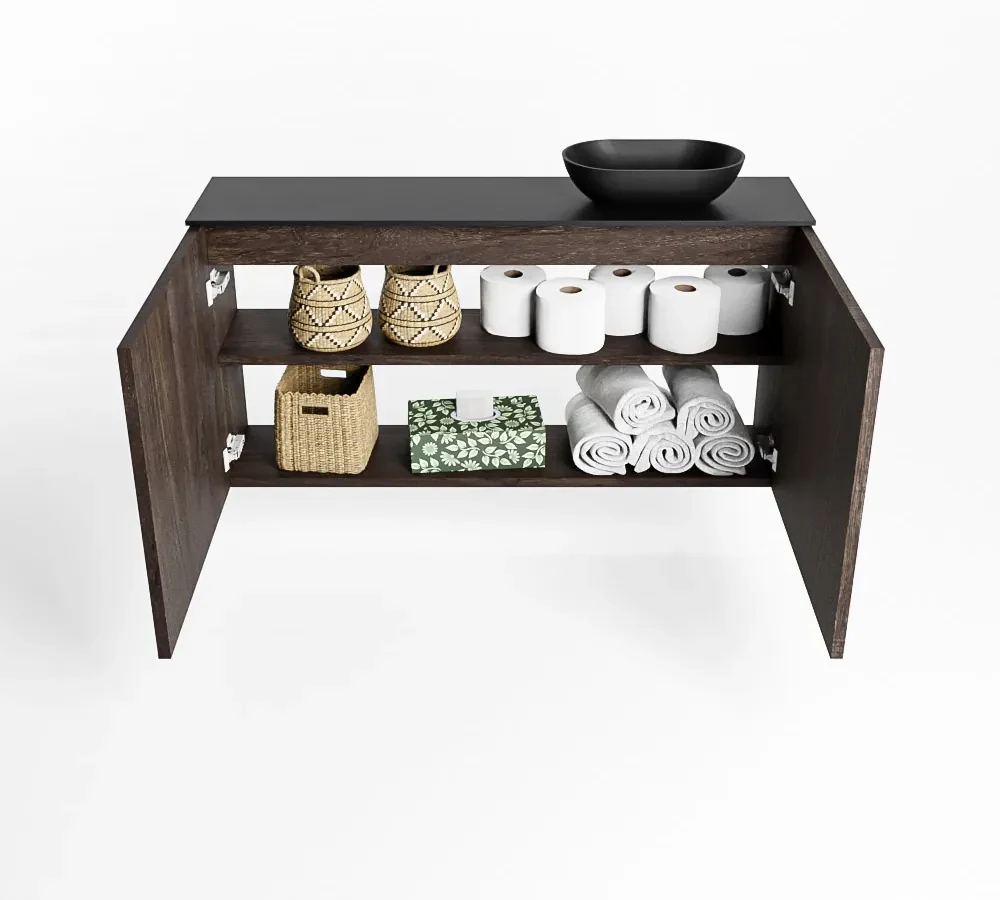 Mondiaz Fowy toiletmeubel 100cm dark brown met zwarte waskom rechts en kraangat