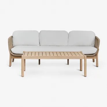 Tuinset Met 3-zitsbank En Rechthoekige Salontafel 120x60 Cm Van Aluminium En Acaciahout Karvia Lichte Acaciekleur & Stof Wit - Sklum