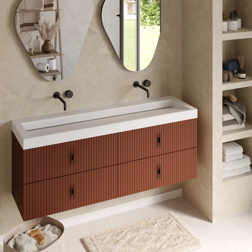 Muebles Estella badmeubel ribbelfront 160cm terracotta met solid surface wastafel zonder kraangaten