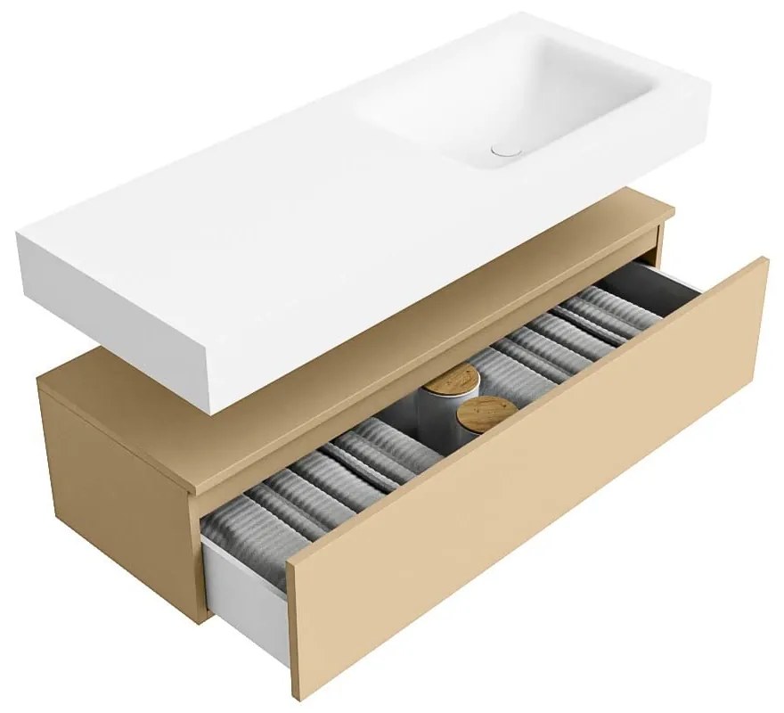 Zaro Alan badmeubel 120cm sand met 1 lade en vrijhangende wastafel rechts met kraangat wit mat