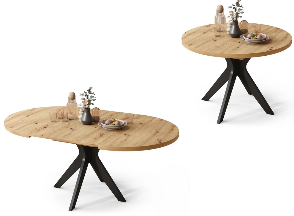 RENZO Artisan Eiken/zwarte poot - RONDE TAFEL Ø110 UITKLAPBAAR TOT 180 cm | VOOR DE KEUKEN EETKAMER WOONKAMER RETRO