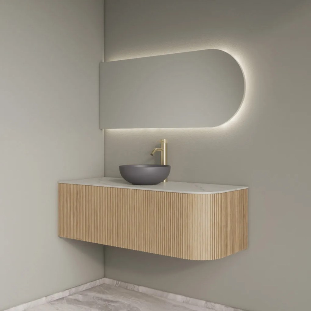 Gliss Design Alluro badmeubel ribbelfront met ronding rechts 120cm mist en wit marmer toppaneel