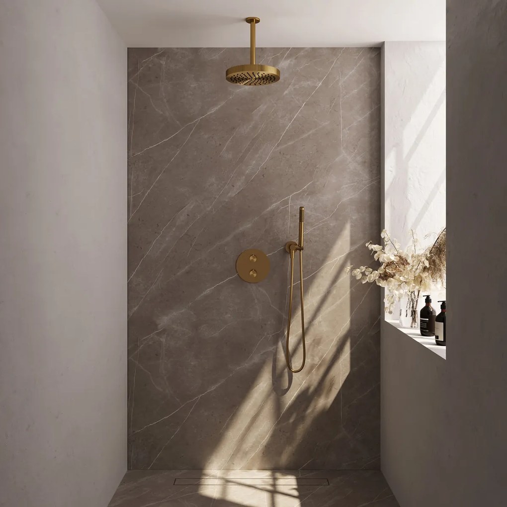 Brauer Stripe inbouw regendouche rond met 25cm hoofddouche, plafondarm en staafhanddouche set 39 messing geborsteld PVD