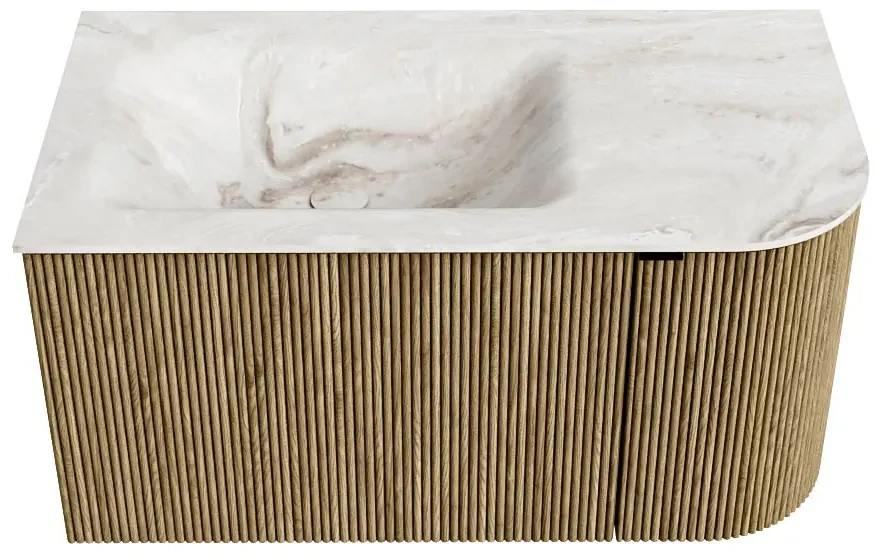 Mondiaz Kurve-dlux 85cm badmeubel ronding rechts dusk met 1 lade en deur en wastafel cloud kraangat links frappe