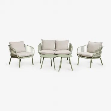 Tuinset Met 2-zitsbank, 2 Fauteuils En 2 Salontafels Van Staal En Polypropyleen Aradina Lichtolijfgroen - Sklum