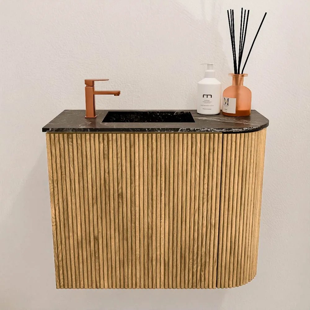 Mondiaz Joya DLux 50cm toiletmeubel ronding rechts oak met wastafel faye links 1 kraangat lava