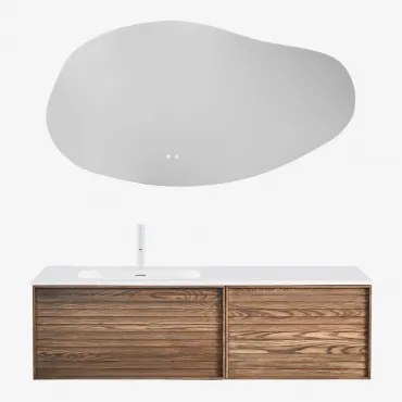 Solea Houten Badkamermeubelset Met Geïntegreerde Wastafel Natuurlijk Hout & Onregelmatige Led En Anti-condens 140x75 Cm Riben & Wit - Sklum
