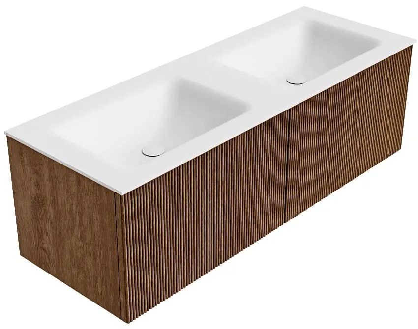Mondiaz Kurve 130cm badmeubel walnut met 2 lades en wastafel cloud dubbel 2 kraangaten